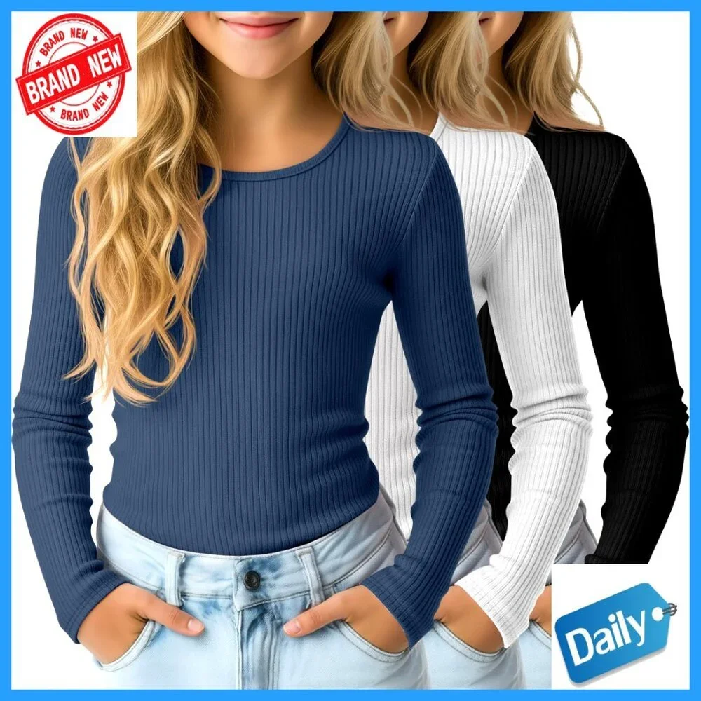 Girls Long Sleeve Cotton Ribbed Slim Fit Tees 3 Pack Layering Undershirts